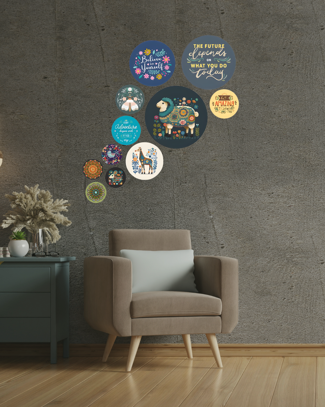 Sheep Abstract | 11 Piece Circular MDF Wall Hanging Decor Set | 52 x 65 cm