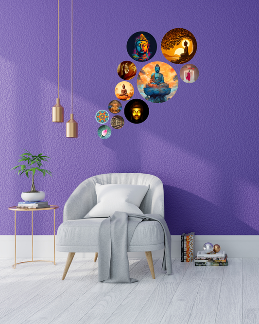 Zen Buddha 3 | 11 Piece Circular MDF Wall Hanging Decor Set | 52 x 65 cm