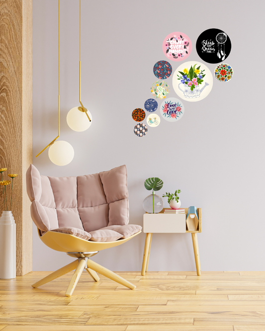 Floral Abstract 4 | 11 Piece Circular MDF Wall Hanging Decor Set | 52 x 65 cm