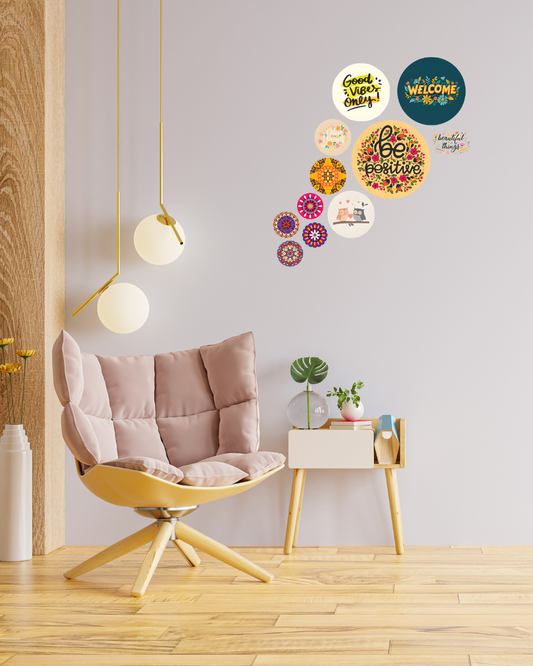 Quotes Abstract-5 | 11 Piece Circular MDF Wall Hanging Decor Set | 52 x 65 cm