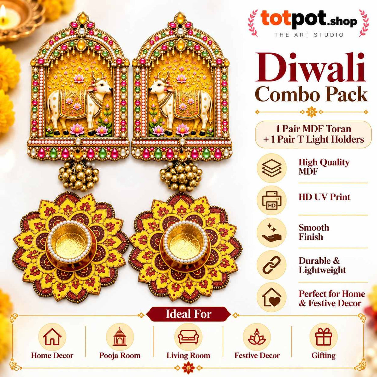 Premium Diwali Cow & T-Light Holder Combo