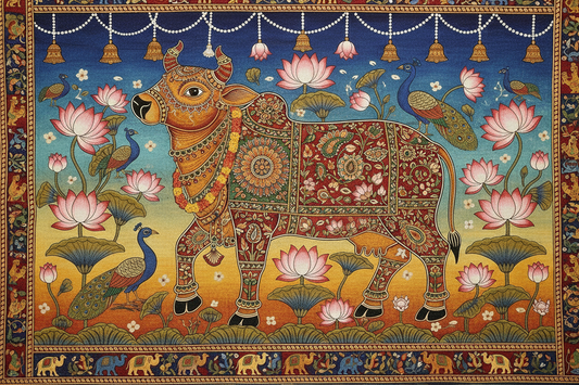 Sacred Cow & Calf Lotus Arch Backdrop Decor | Traditional Pooja & Festive MDF Wall Decor