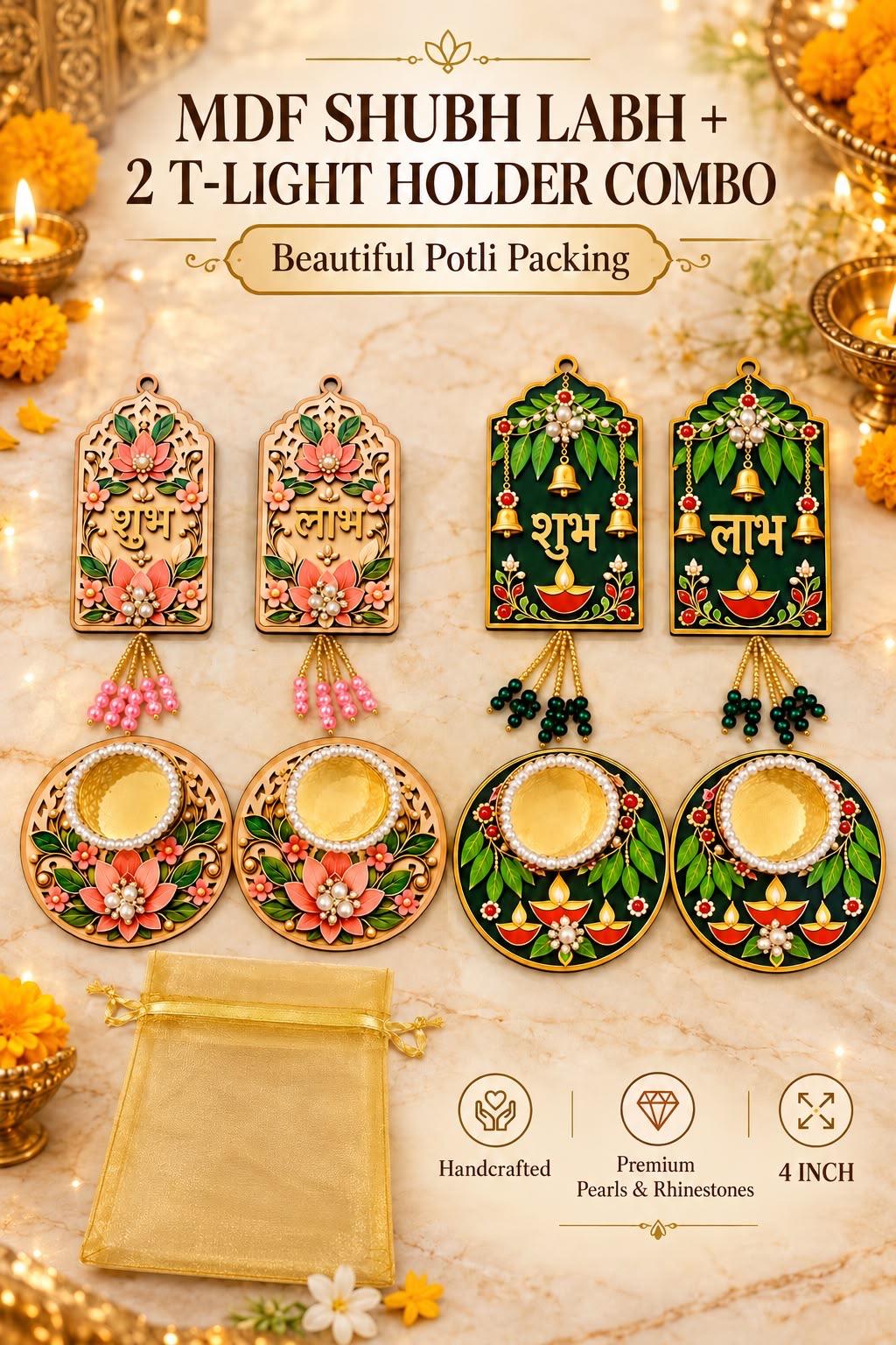 MDF Shubh Labh with 2 T-Light Holders Combo | Premium Diwali Decor | Potli Gift Set