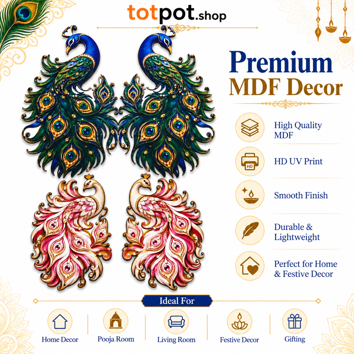 Peacock Cutout White & Blue - Set of 10 Pairs (Mix)
