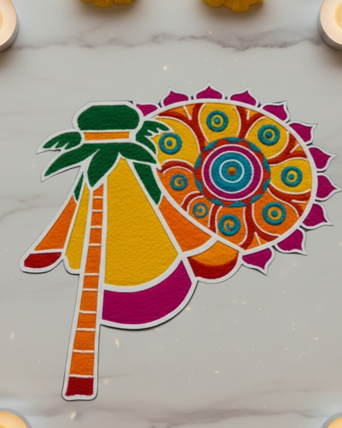 Decorative wall art with a sun and moon design, surrounded by candles and flowers on a marble surface.