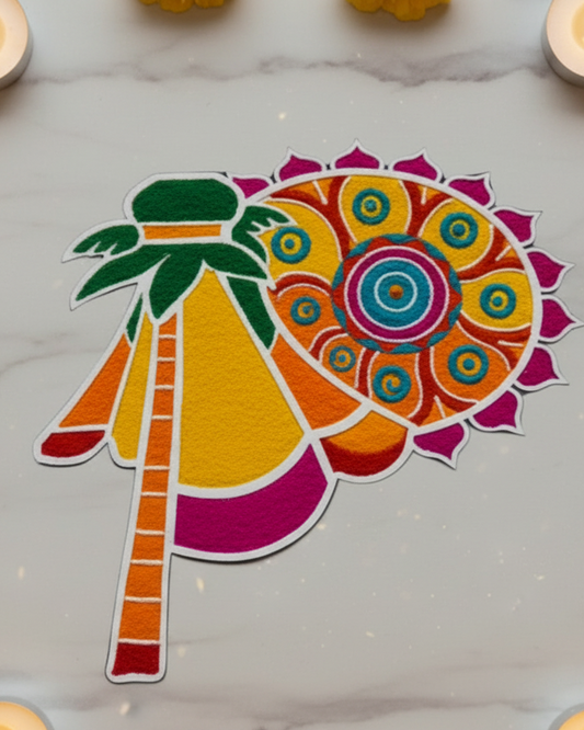 Decorative wall art with a sun and moon design, surrounded by candles and flowers on a marble surface.