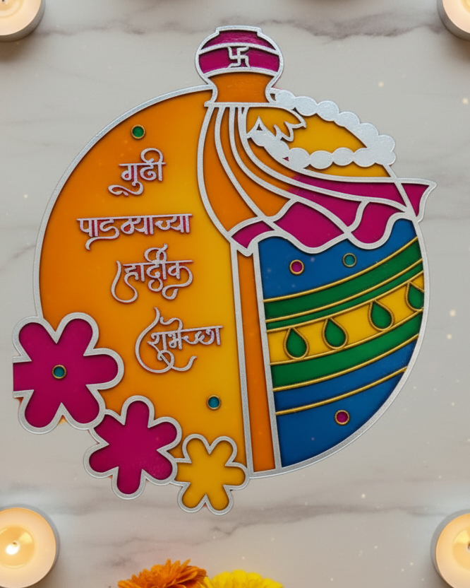 Decorative cutout with text and flowers on a marble surface with candles