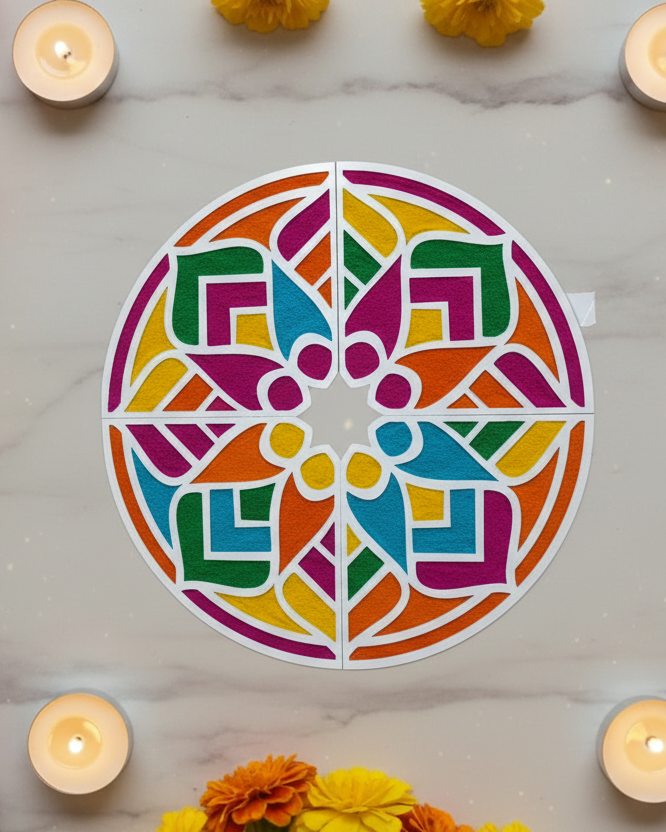 Decorative white cutout with geometric pattern on a marble surface surrounded by candles and flowers.
