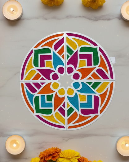 Decorative white cutout with geometric pattern on a marble surface surrounded by candles and flowers.