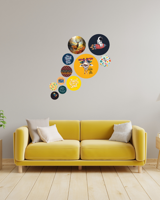 Abstract Illustration | 11 Piece Circular MDF Wall Hanging Decor Set | 52 x 65 cm