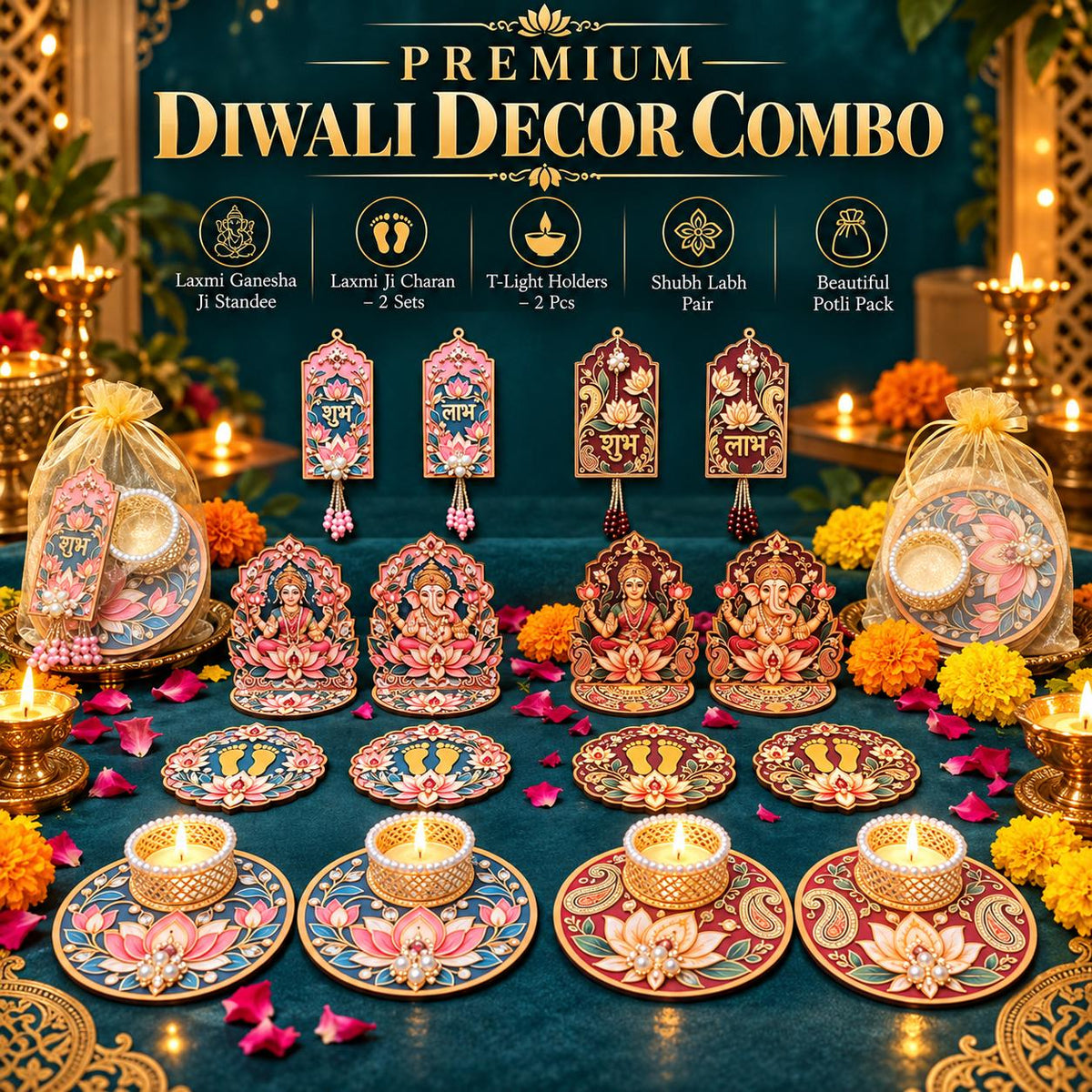 Premium Diwali Decor Combo – Laxmi Ganesh, Charan, Shubh Labh & T-Light Holders