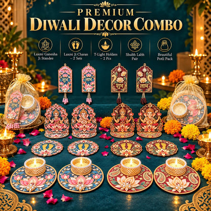 Premium Diwali Decor Combo – Laxmi Ganesh, Charan, Shubh Labh & T-Light Holders