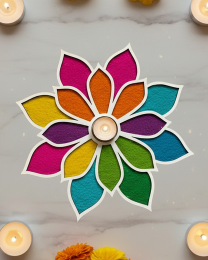 Decorative rangoli cutout with a floral design on a marble background with candles and flowers.