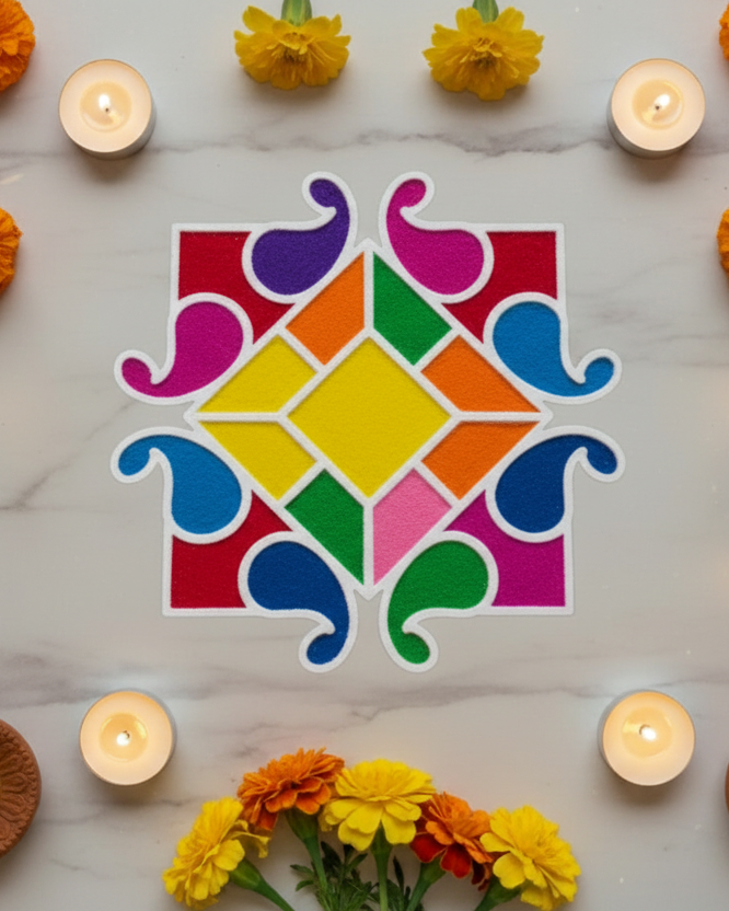 Decorative rangoli cutout with yellow flowers and candles on a marble surface