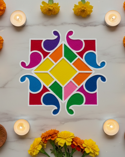 Decorative rangoli cutout with yellow flowers and candles on a marble surface