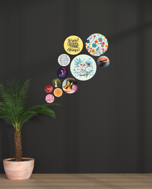 Floral Abstract  | 11 Piece Circular MDF Wall Hanging Decor Set | 52 x 65 cm