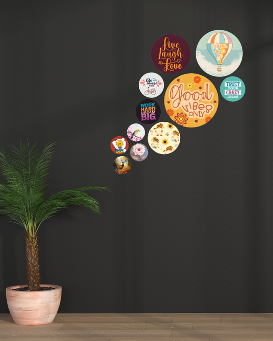 Good Vibes Abstract | 11 Piece Circular MDF Wall Hanging Decor Set | 52 x 65 cm