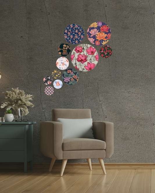 Floral Abstract-2 | 11 Piece Circular MDF Wall Hanging Decor Set | 52 x 65 cm