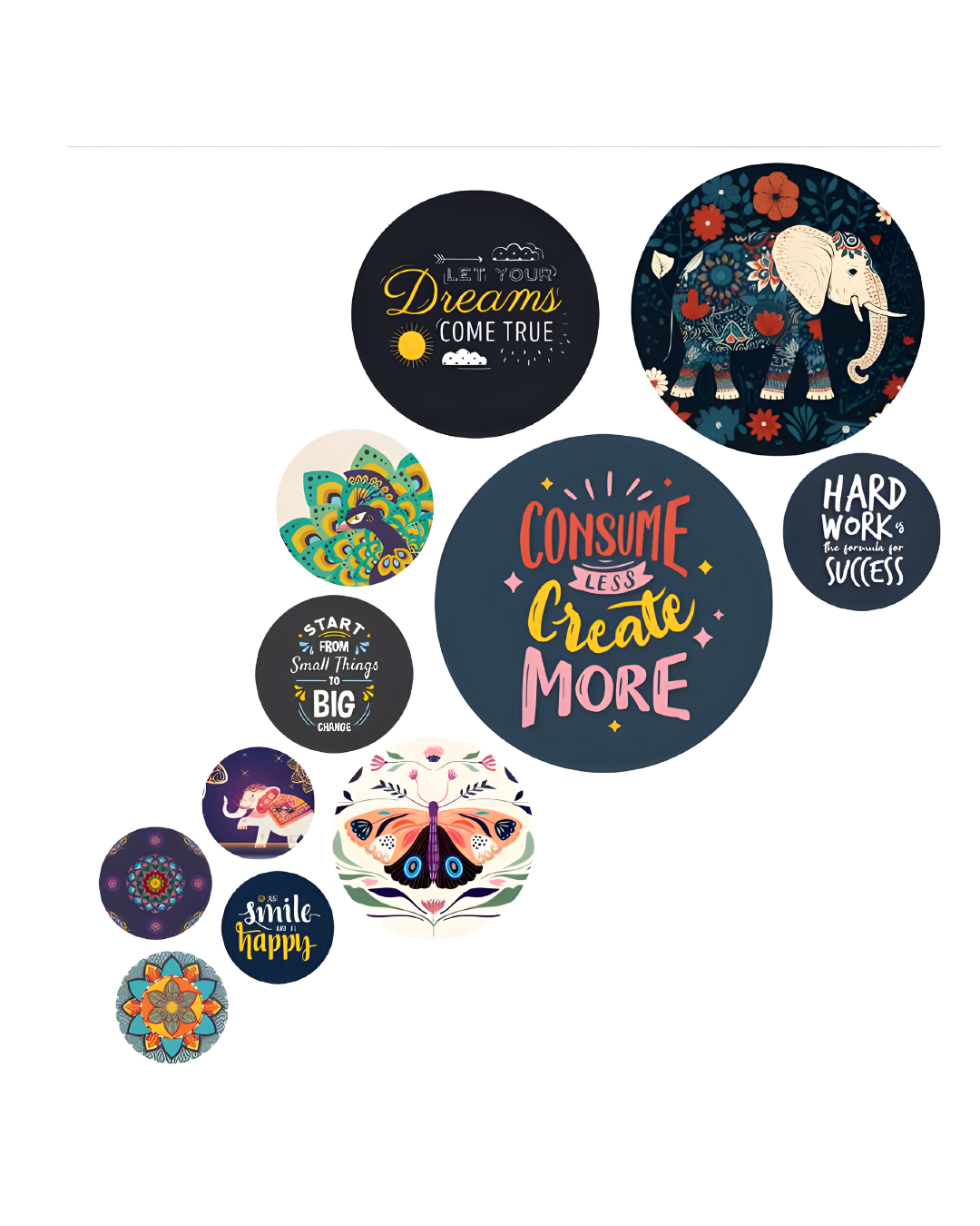 Creative Quote Abstract | 11 Piece Circular MDF Wall Hanging Decor Set | 52 x 65 cm