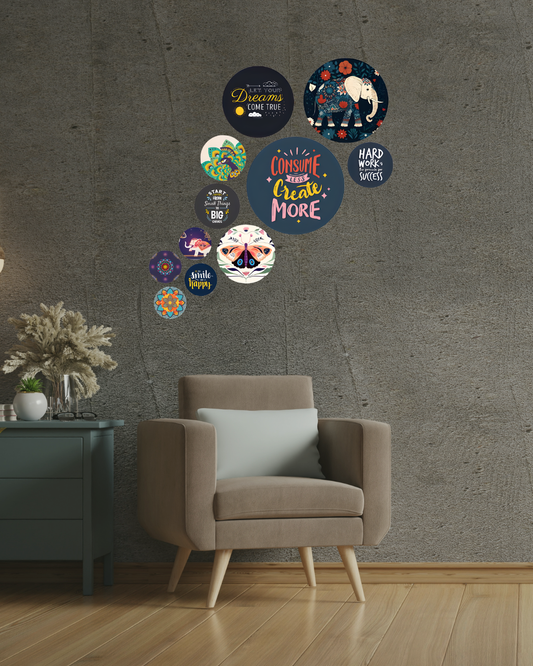 Creative Quote Abstract | 11 Piece Circular MDF Wall Hanging Decor Set | 52 x 65 cm