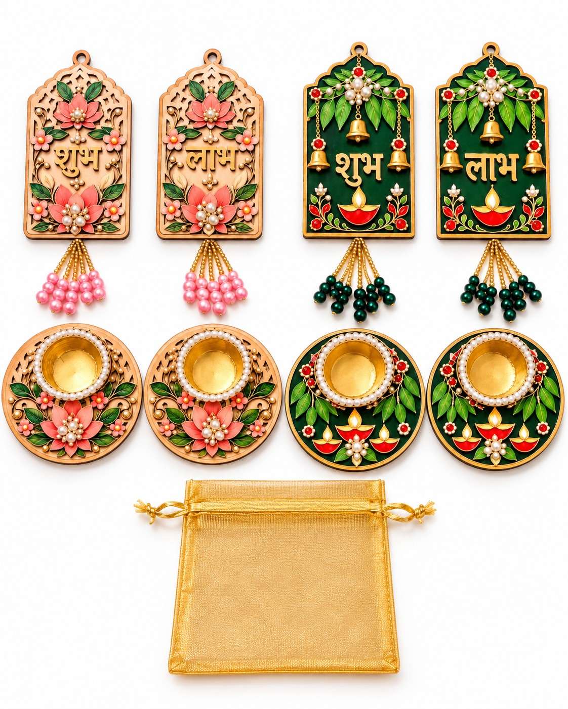 MDF Shubh Labh with 2 T-Light Holders Combo | Premium Diwali Decor | Potli Gift Set
