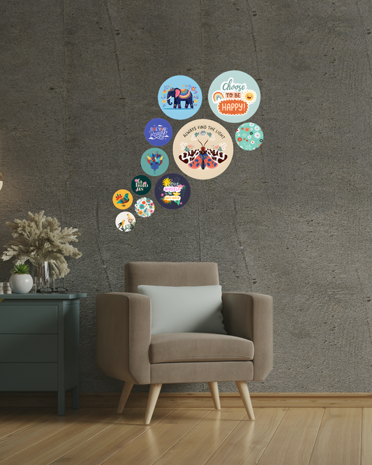 Quote Abstract-3 | 11 Piece Circular MDF Wall Hanging Decor Set | 52 x 65 cm