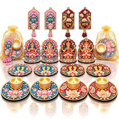 Premium Diwali Decor Combo – Laxmi Ganesh, Charan, Shubh Labh & T-Light Holders
