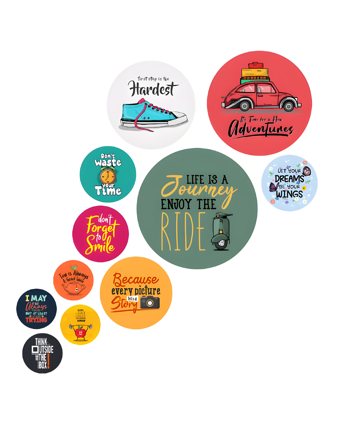 Motivation Quotes Abstract | 11 Piece Circular MDF Wall Hanging Decor Set | 52 x 65 cm