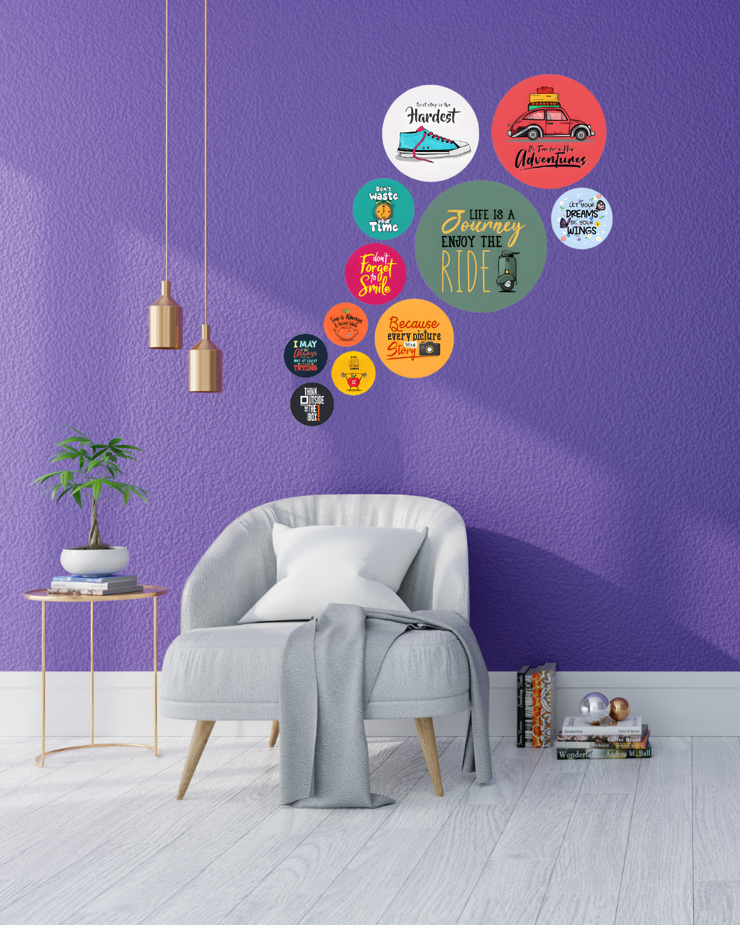 Motivation Quotes Abstract | 11 Piece Circular MDF Wall Hanging Decor Set | 52 x 65 cm