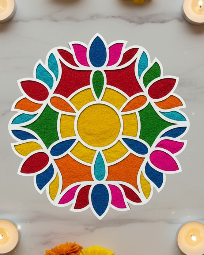 Decorative sunflower-shaped cutout on a marble surface with candles and flowers.