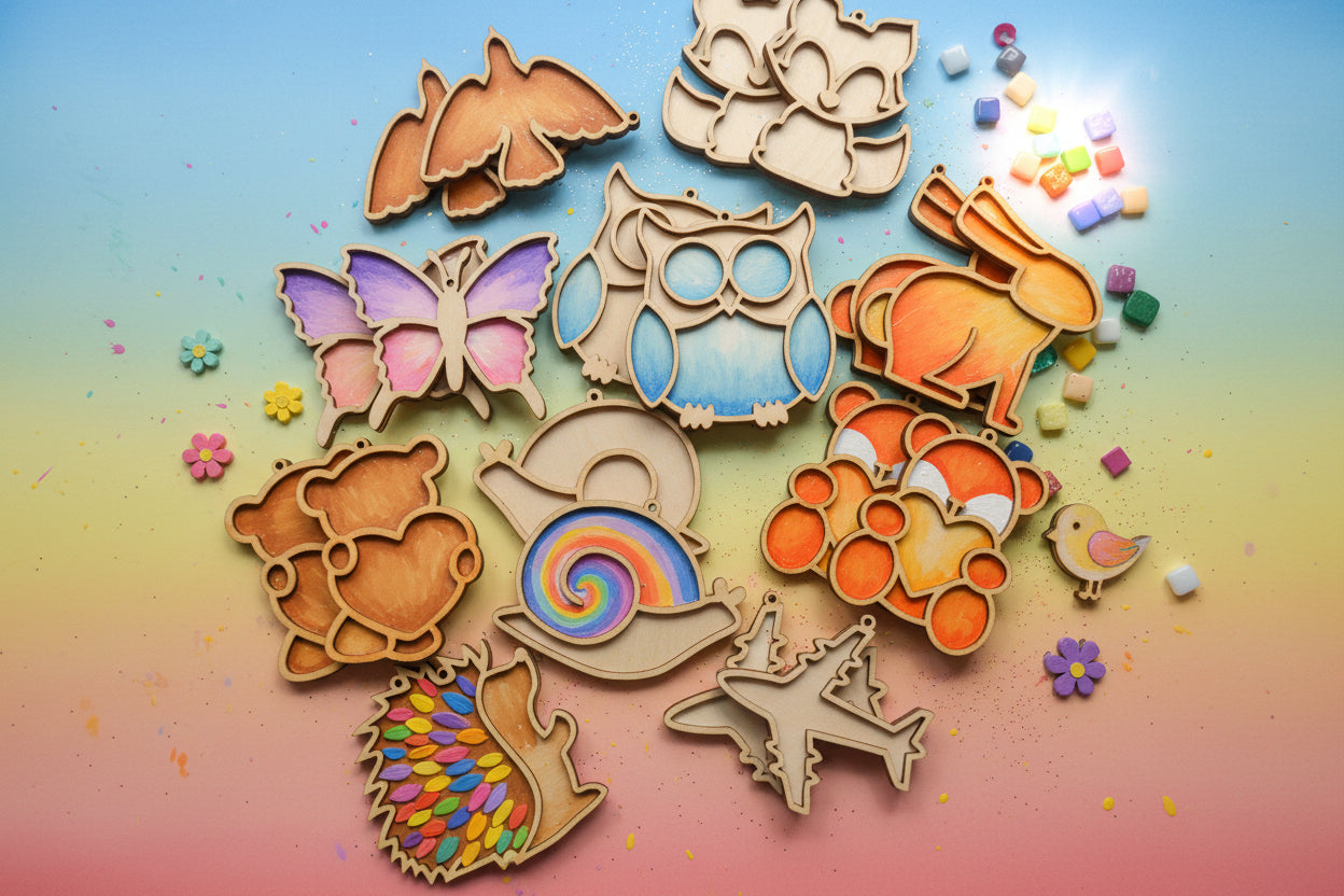 Wooden cutouts of various animal shapes on a white surface with colorful beads.