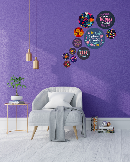 Quotes Abstract 3 | 11 Piece Circular MDF Wall Hanging Decor Set | 52 x 65 cm