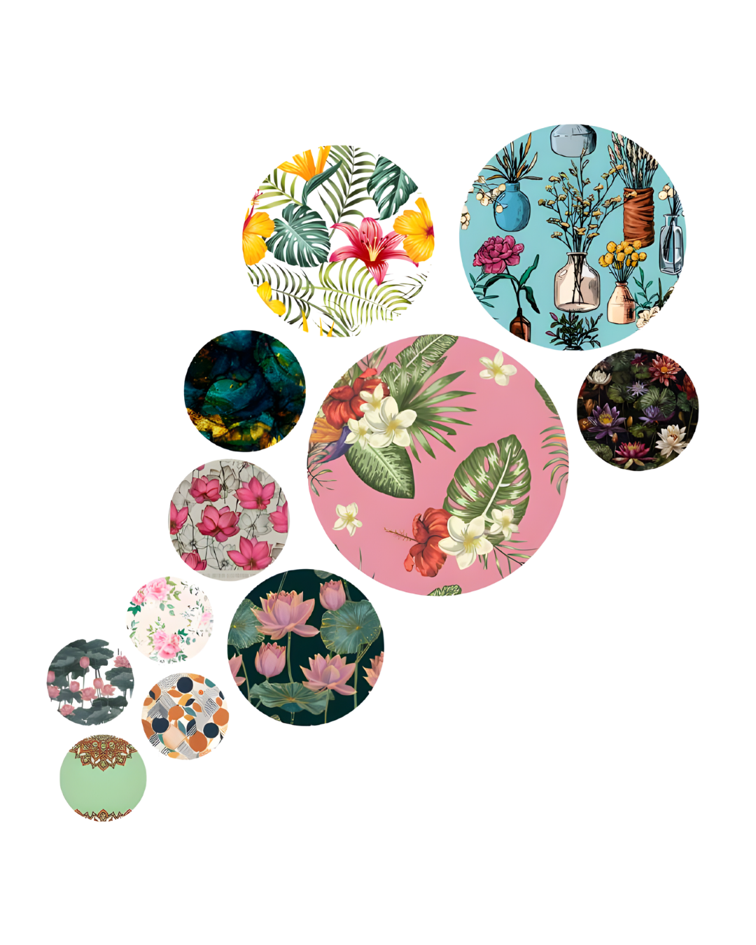 Tropical Floral | 11 Piece Circular MDF Wall Hanging Decor Set | 52 x 65 cm