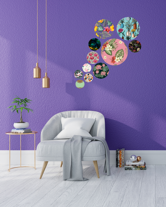 Tropical Floral | 11 Piece Circular MDF Wall Hanging Decor Set | 52 x 65 cm