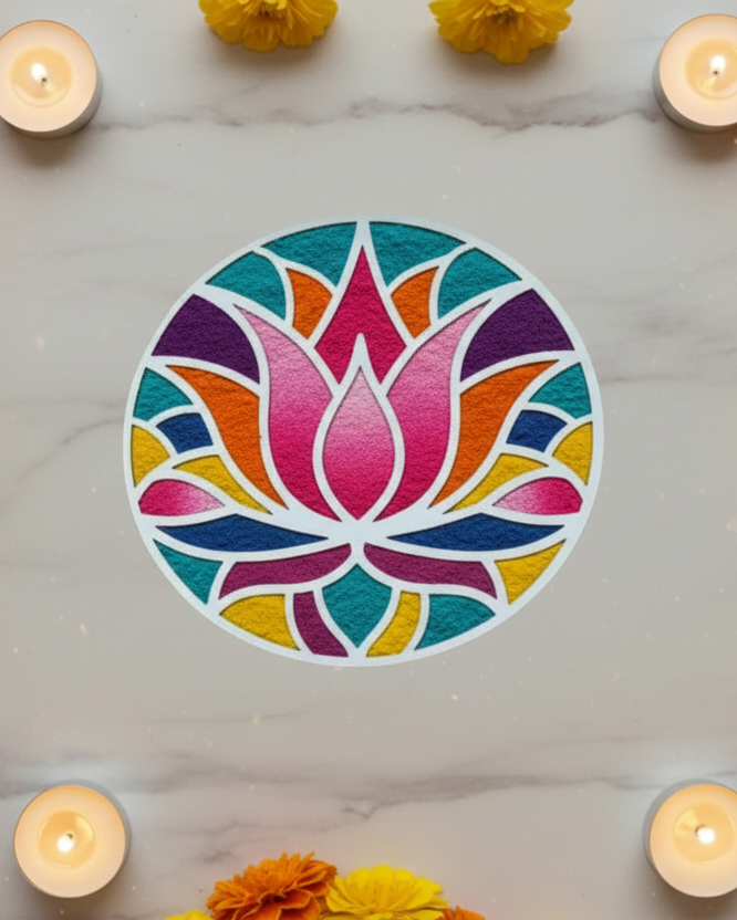 Decorative rangoli circular cutout of a lotus flower, surrounded by candles and flowers.