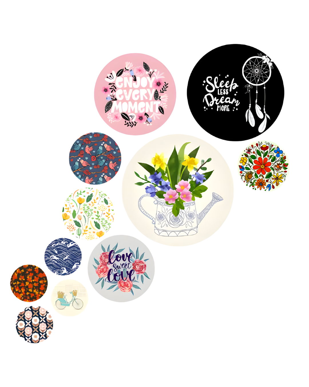 Floral Abstract 4 | 11 Piece Circular MDF Wall Hanging Decor Set | 52 x 65 cm