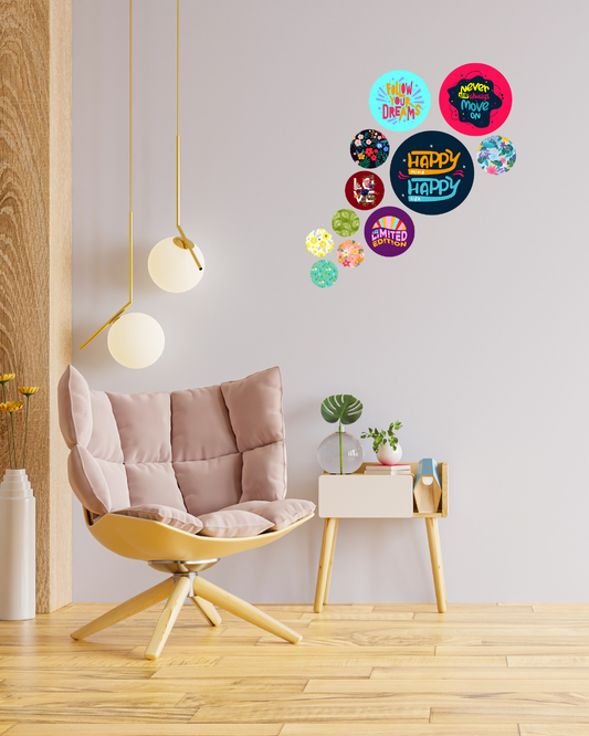 Happy Abstract | 11 Piece Circular MDF Wall Hanging Decor Set | 52 x 65 cm