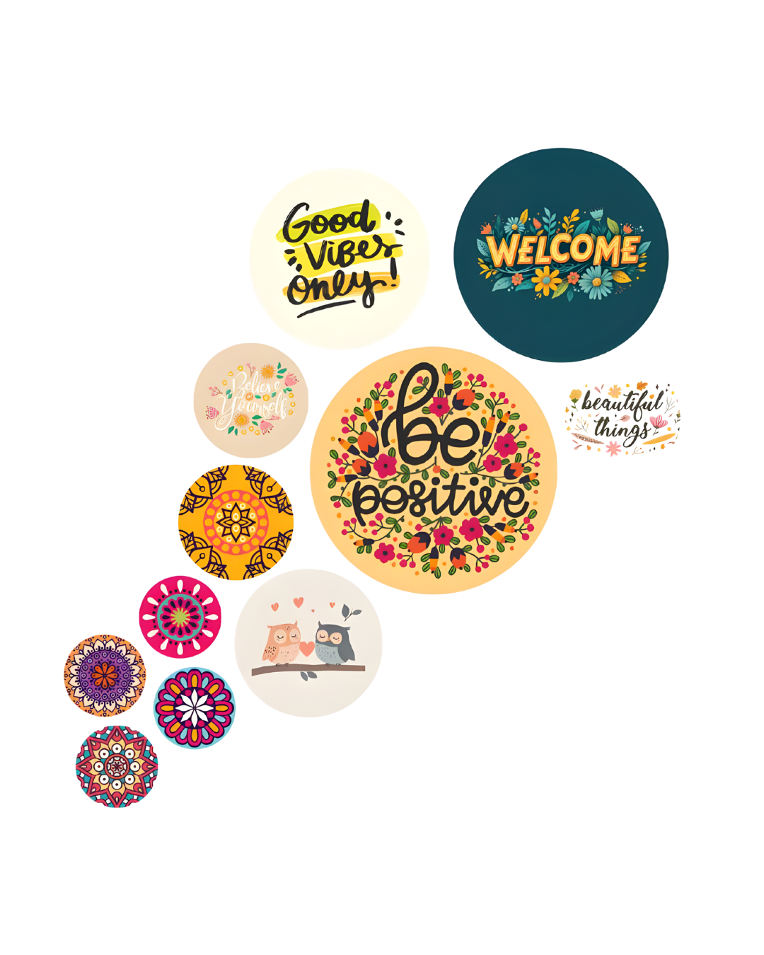 Quotes Abstract-5 | 11 Piece Circular MDF Wall Hanging Decor Set | 52 x 65 cm
