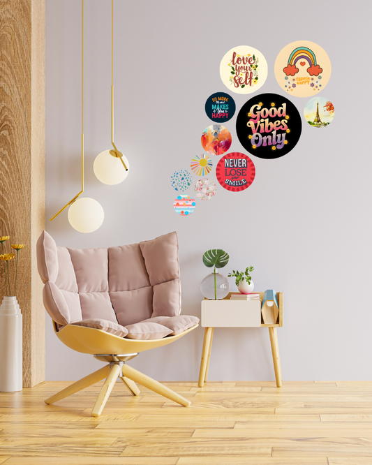 Good Vibes-2 | 11 Piece Circular MDF Wall Hanging Decor Set | 52 x 65 cm