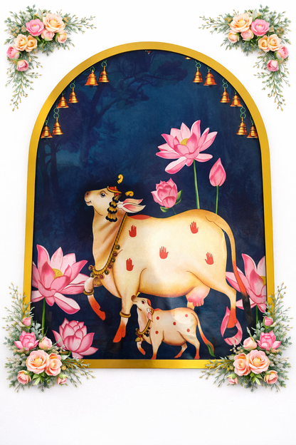 Sacred Cow & Calf Lotus Arch Backdrop Decor | Traditional Pooja & Festive MDF Wall Decor