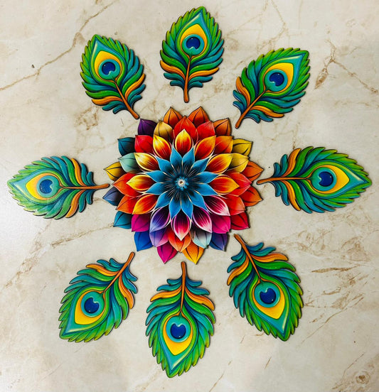 Colorful MDF Peacock Feather Rangoli Set for Floor Decoration
