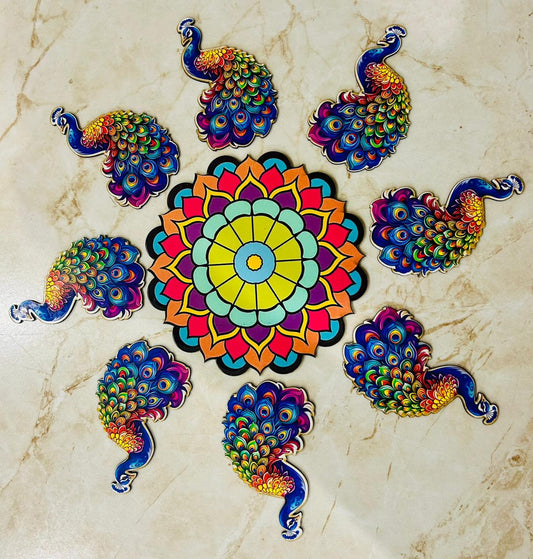 Colorful MDF Peacock Rangoli Set for Floor Decoration