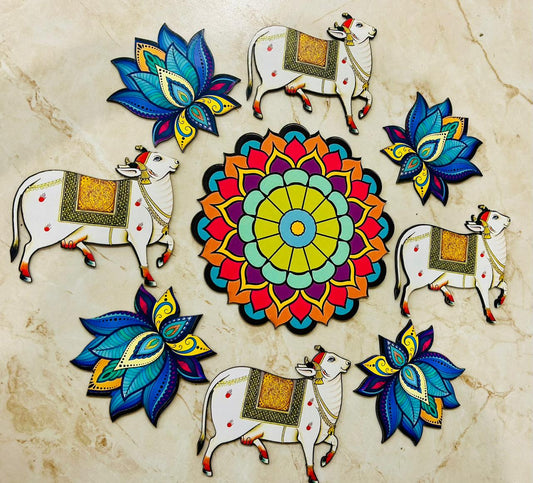 Colorful MDF Lotus Rangoli and cow Set for Floor Decoration