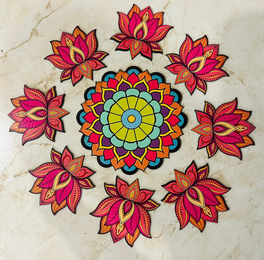 Colorful MDF Lotus Rangoli Set for Floor Decoration