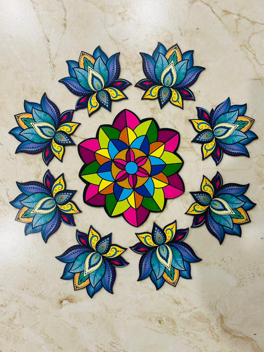Colorful MDF Lotus Rangoli Set for Floor Decoration