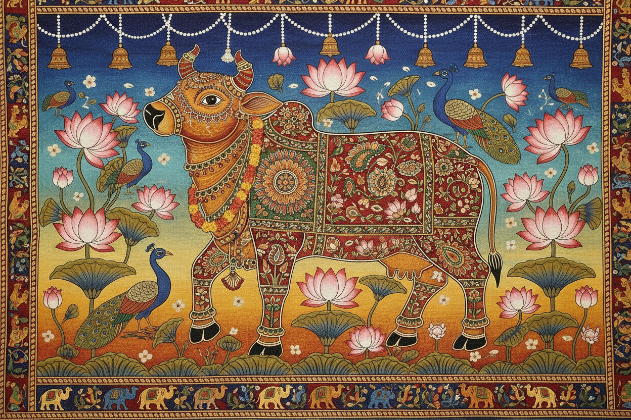 Sacred Cow & Calf Lotus Arch Backdrop Decor | Traditional Pooja & Festive MDF Wall Decor
