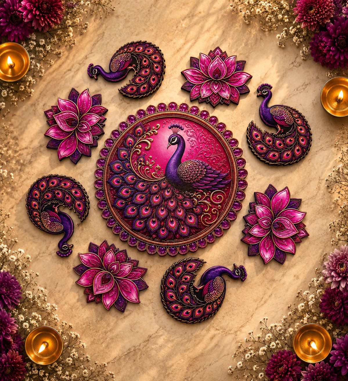 Lotus & Peacock Luxe MDF Ready Rangoli 12 Inch