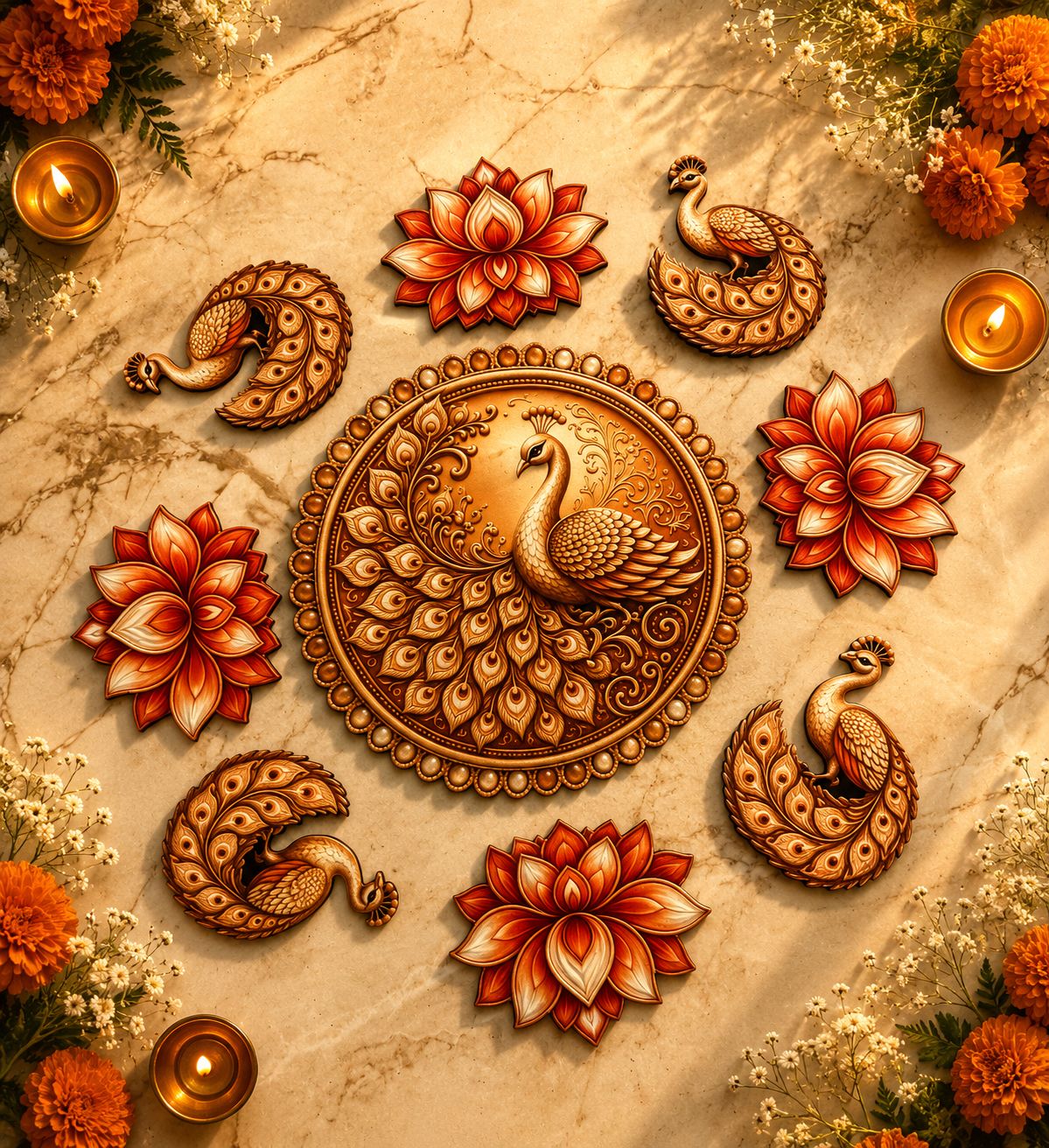 Lotus & Peacock Luxe MDF Ready Rangoli 12 Inch