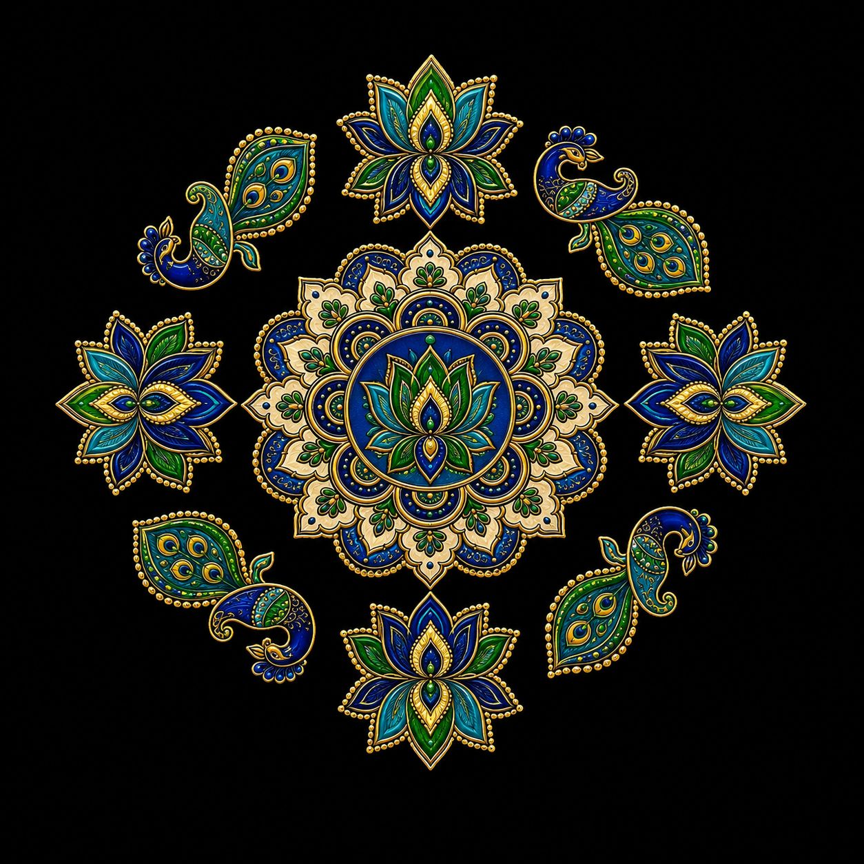 Lotus And Peacock MDF Rangoli Design - 12 Inch