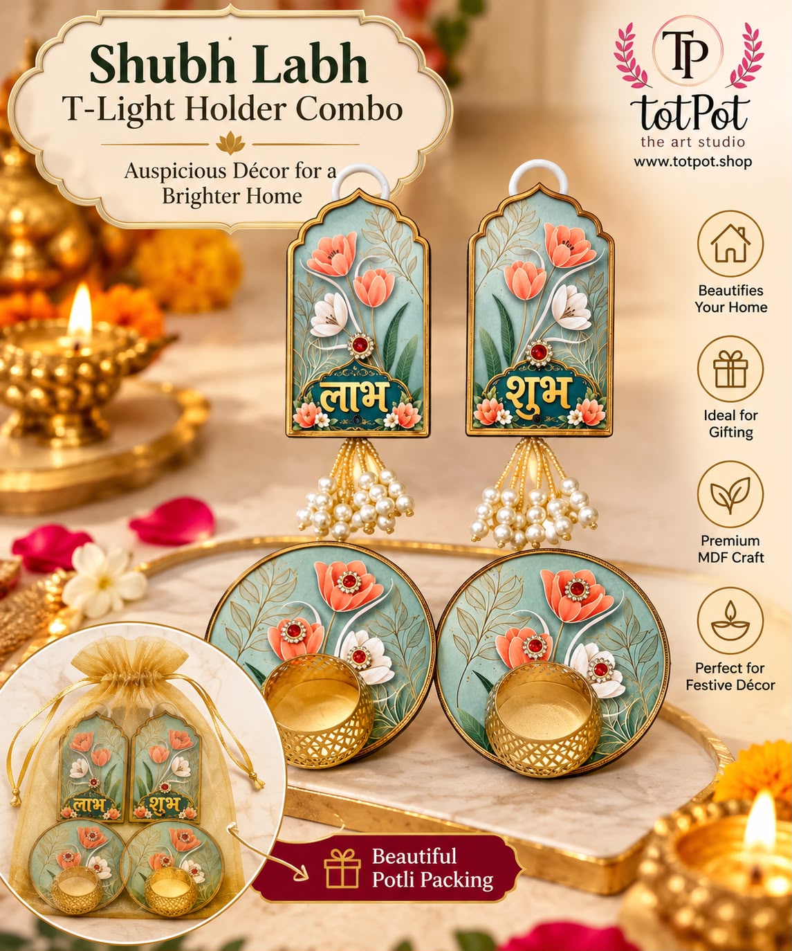 Premium Diwali Shubh Labh Gift Combo with 2 T-Light Holders & Potli Packing